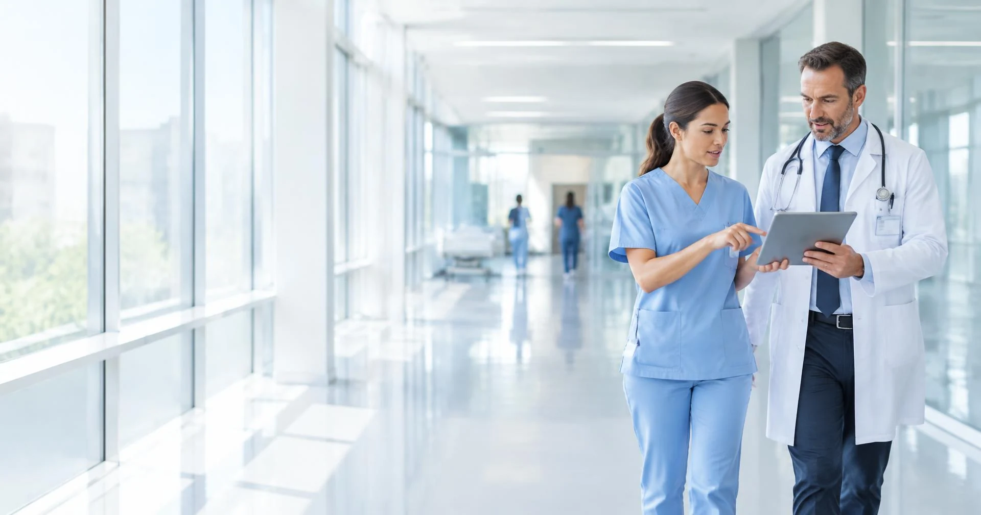 Illustrative healthcare professionals discussing a care plan