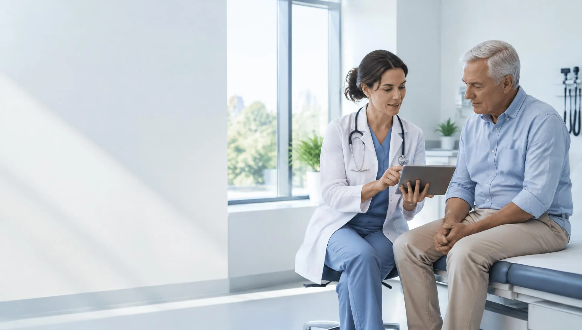 Illustrative physician and patient reviewing health information in a bright clinic